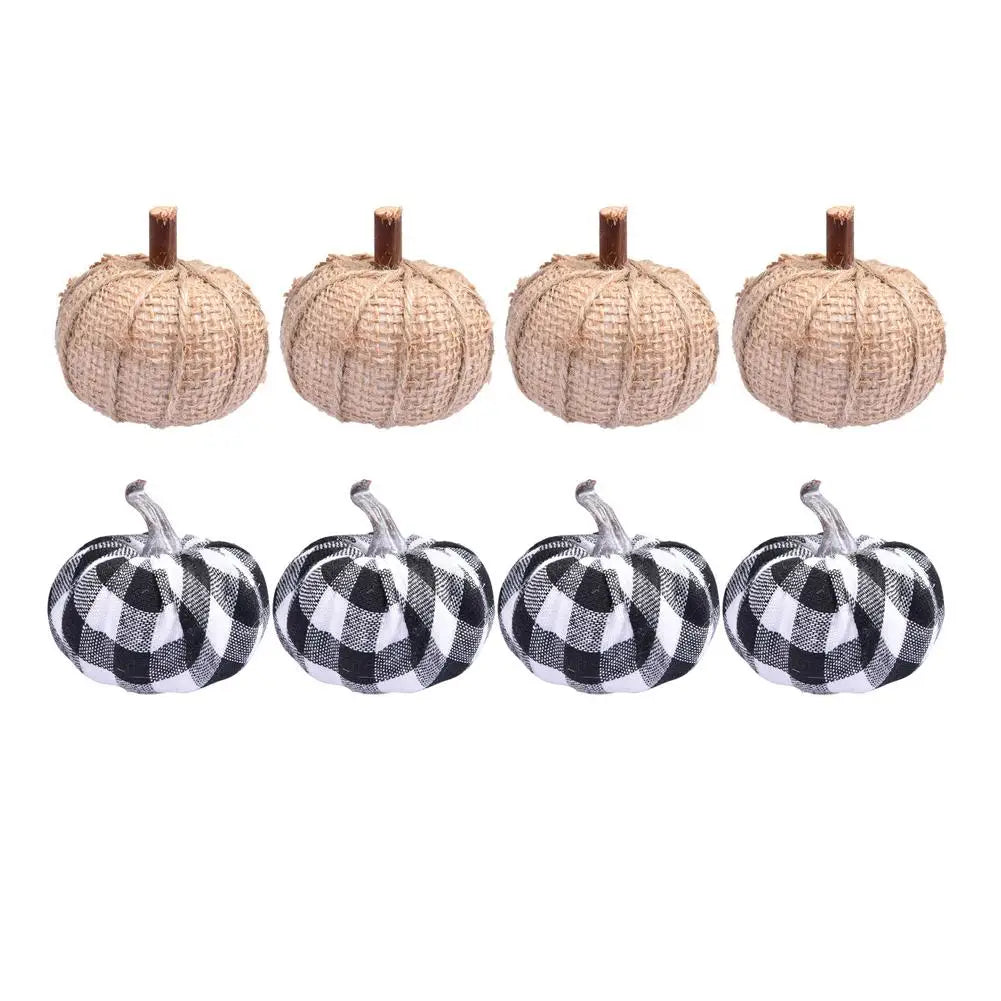 Neutral Burlap & Gingham Pumpkin Decorations - Set of 8