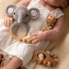 Wooden Crochet Elephant Rattle, Teether & Dummy Clip Set