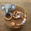 Wooden Crochet Elephant Rattle, Teether & Dummy Clip Set