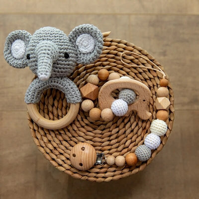 Wooden Crochet Elephant Rattle, Teether & Dummy Clip Set