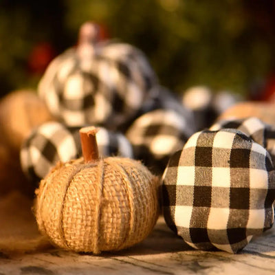 Neutral Burlap & Gingham Pumpkin Decorations - Set of 8