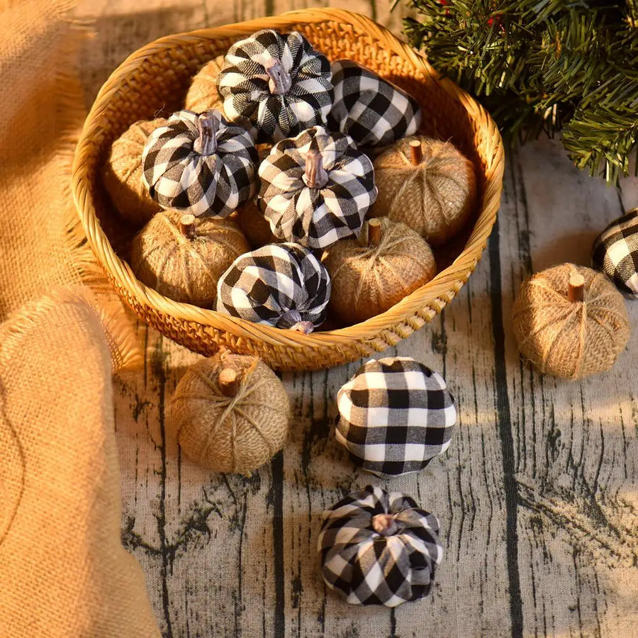 Neutral Burlap & Gingham Pumpkin Decorations - Set of 8