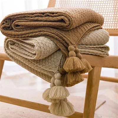 Chunky Knit Cotton Blanket With Tassel