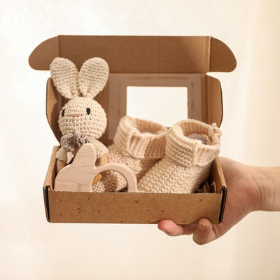 Wooden Newborn Rabbit Rattle 3 Piece Gift Set