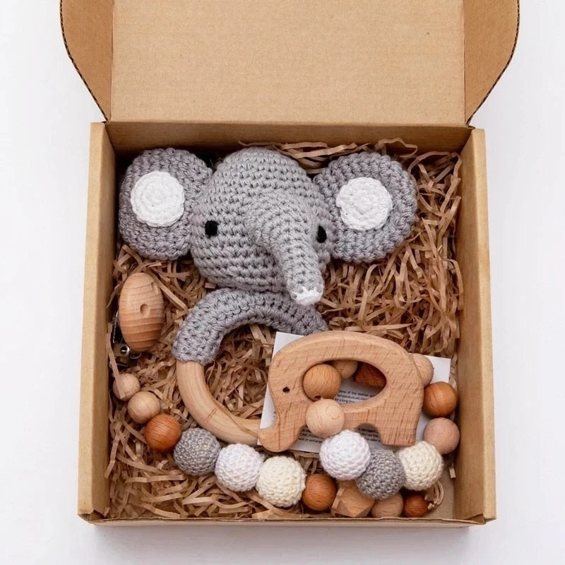 Wooden Crochet Elephant Rattle, Teether & Dummy Clip Set