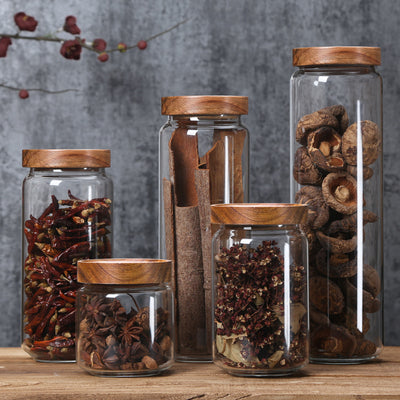 Glass Wooden Top Storage Jars