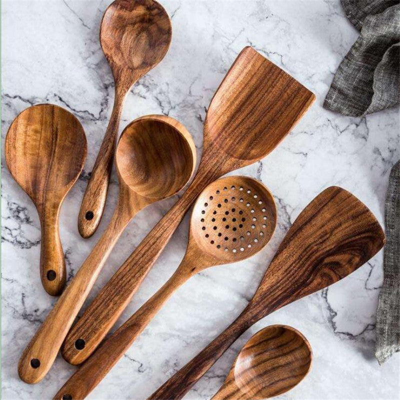 Natural Wooden Kitchen Utensils - Set of 7