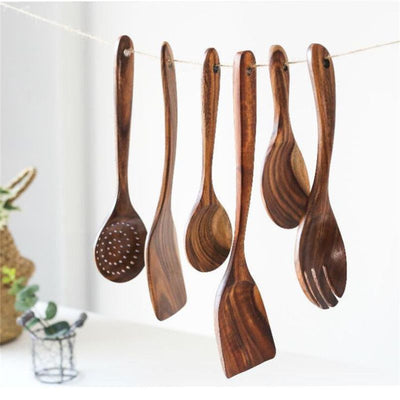 Natural Wooden Kitchen Utensils - Set of 7